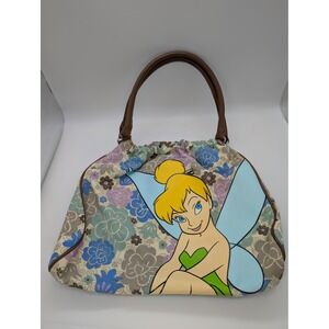 Disney Parks Tinkerbell Canvas Floral Tote Bag Brown Faux Leather Handles